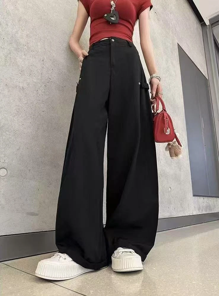 2382番外秋季新款显瘦宽松百搭弯刀阔腿工装裤女