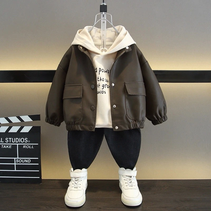 【实体店品质】男童春秋装2025新款儿童皮衣外套两件套宝宝秋季衣服