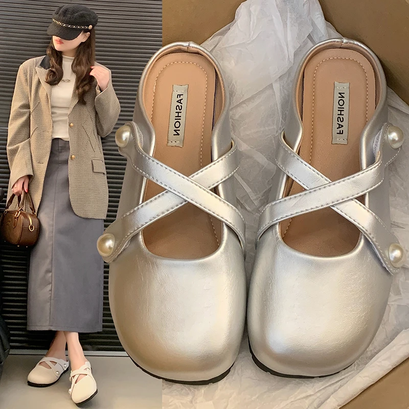 婧麒包头半拖鞋女2025年新款女鞋法式外穿凉鞋拖鞋软底不累脚凉拖