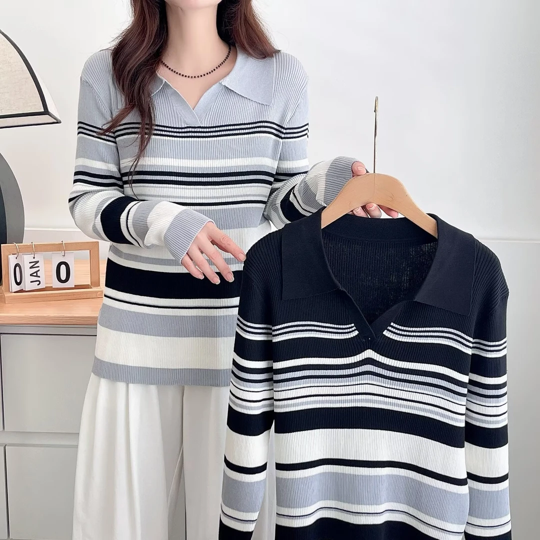 大码女装春季条纹拼接长袖时尚女上衣毛针织衫宽松拼色polo衫爆款