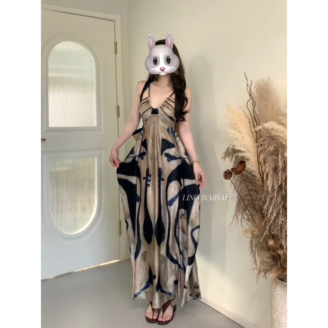 //浮生月//油画复古感侘寂风晕染吊带裙国风设计感花瓶裙