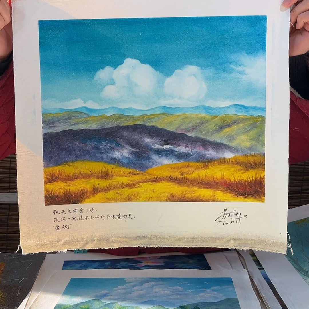 油画行路人小院绘画作品