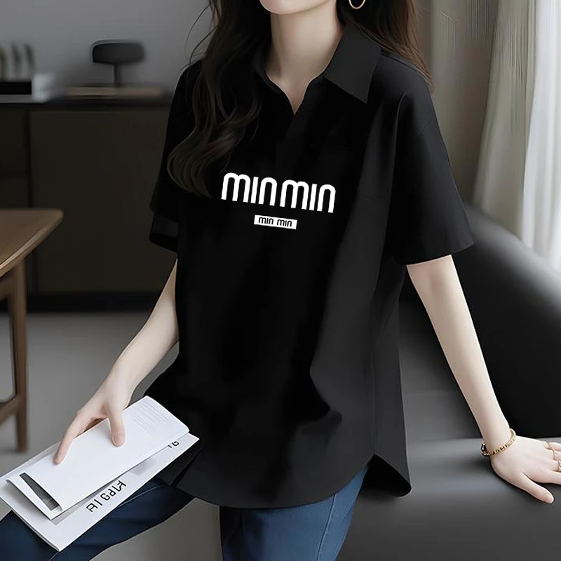 夏季POLO衫女短袖大码显瘦时尚宽松百搭黑色遮肚子翻领t恤上衣服
