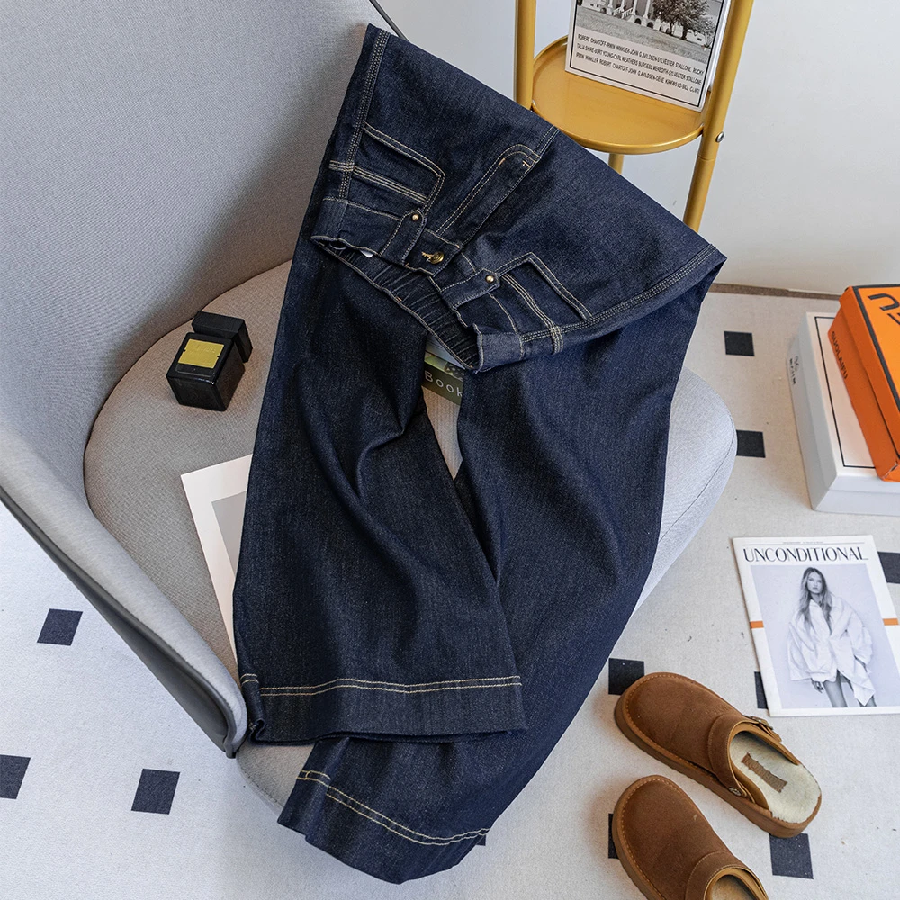 083丹宁蓝牛仔裤女宽松2025春夏款垂感显瘦松紧腰微喇拖地裤