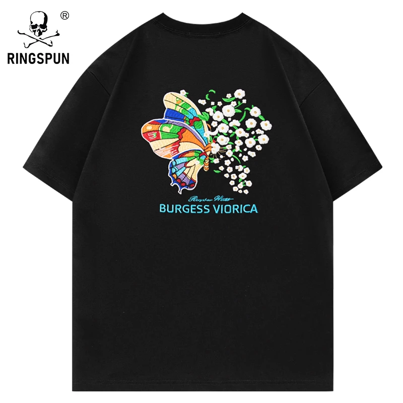 RINGSPUN【彩色蝴蝶】重磅万针刺绣可变色潮牌短袖 圆领T恤男女同款
