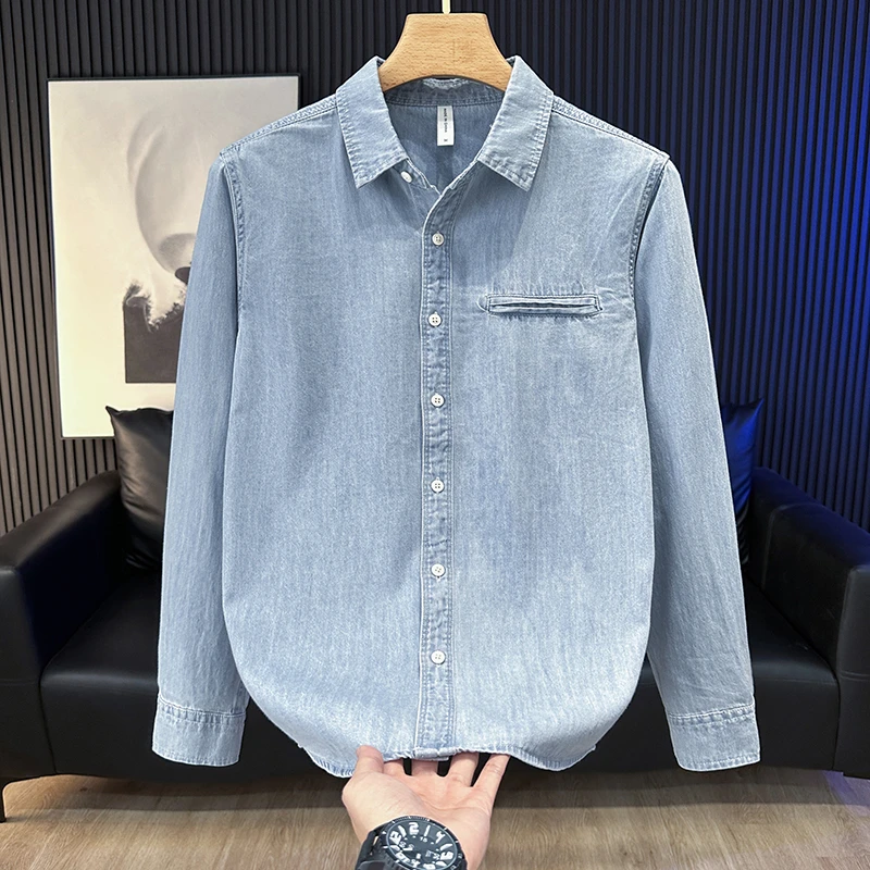 春秋季复古牛仔长袖衬衫男宽松休闲帅气潮流翻领纯棉男装衬衣外套