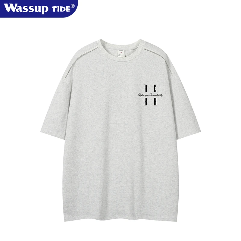 WASSUP TIDE新款高克重圆领纯棉休闲t恤短袖男士打底情侣宽松半袖