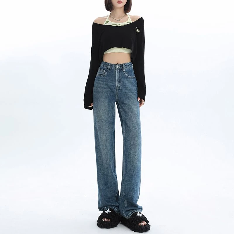 高腰窄版阔腿牛仔裤女春秋2025新款百搭显瘦梨形胖mm小个子直筒裤