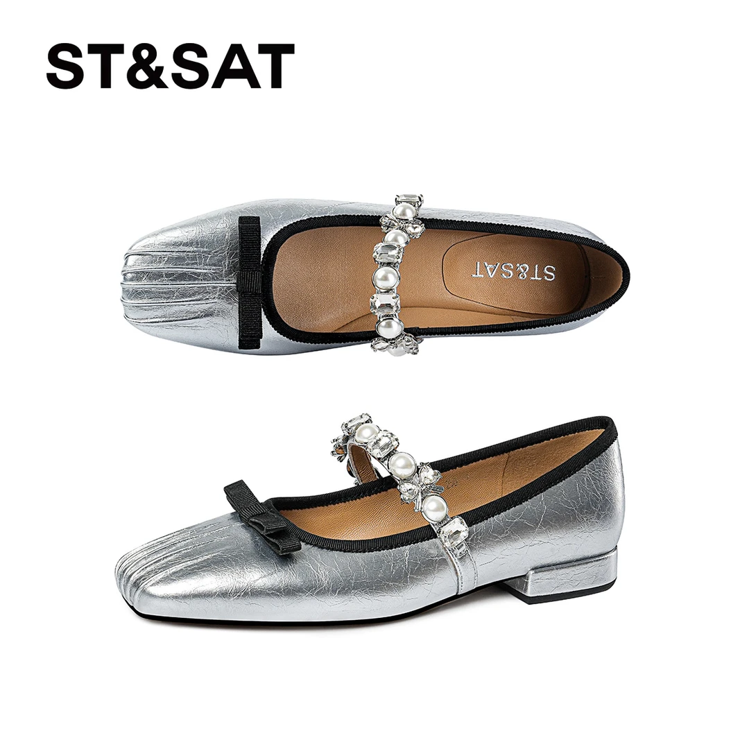 St&Sat/星期六法式休闲浅口单鞋一字扣褶皱水钻粗跟百搭玛丽珍鞋