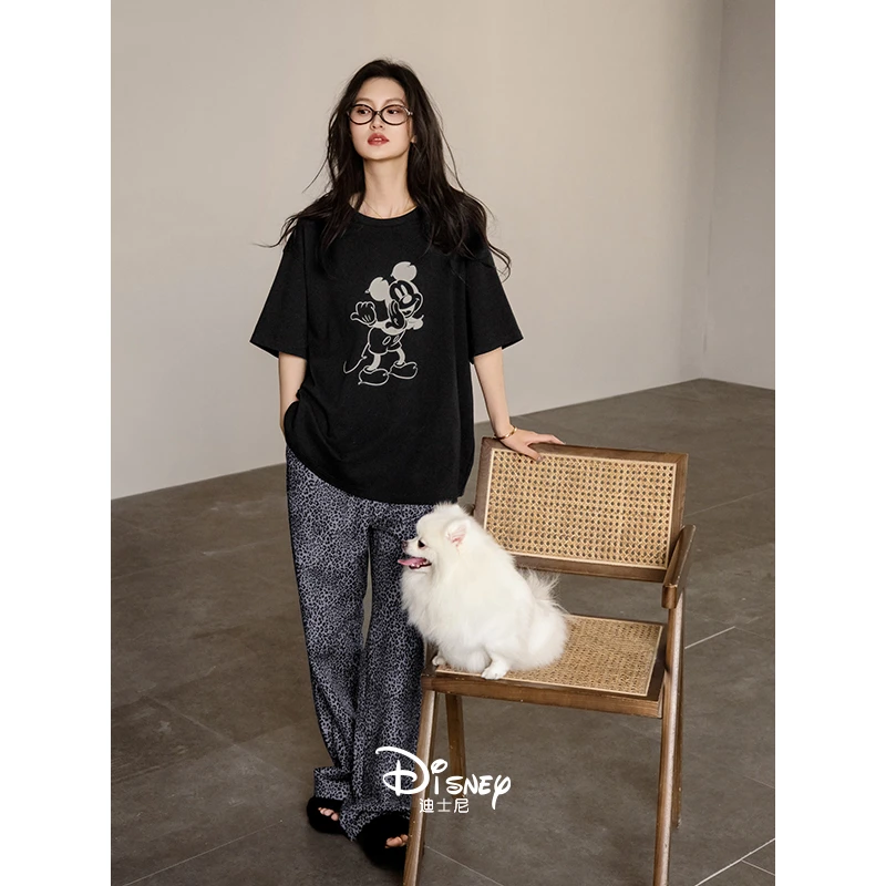 贝妍迪士尼米奇睡衣女款夏季纯棉短袖长裤套装黑色显瘦大码家居服