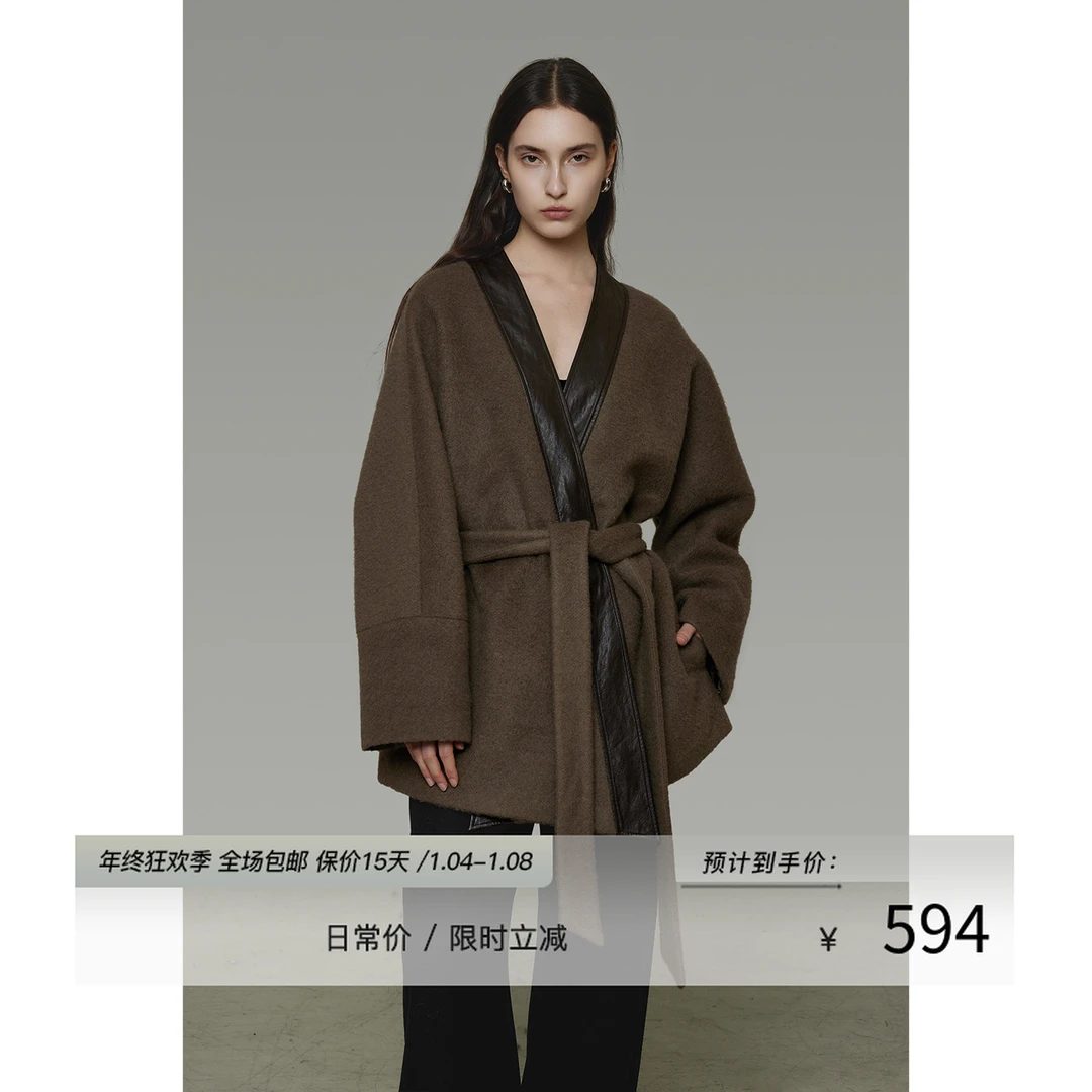 UNSPOKEN【独特V领设计 复古摩登感】系带拼皮外套UD25W164