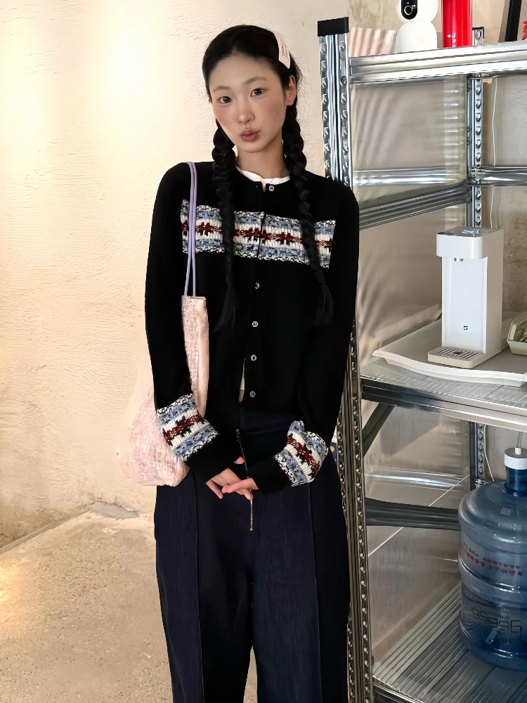 复古浪漫费尔岛针织开衫上衣女秋冬季撞色提花长袖厚款毛衣外套潮