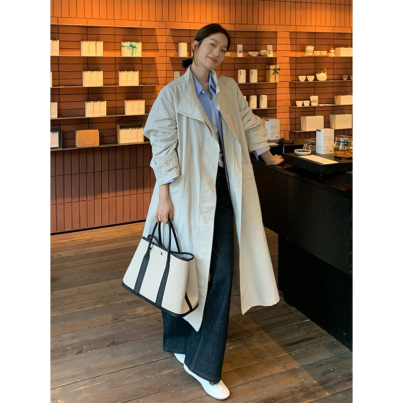 长款过膝风衣女2025十三行早春新款韩版宽松休闲外套T032