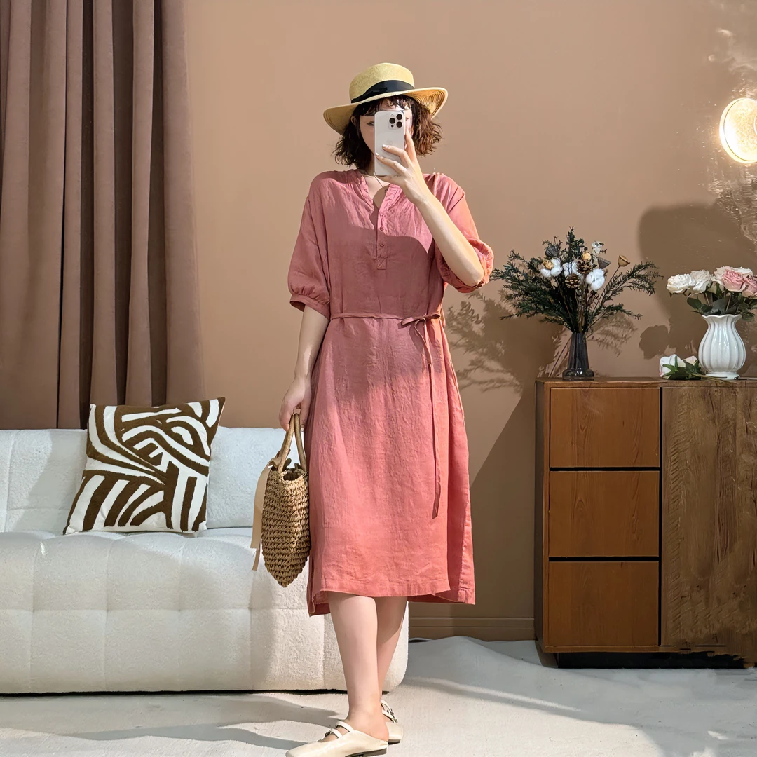 漫漫家【海棠】100%纯亚麻非遗服饰夏季新款洋气宽松显瘦短袖连衣裙