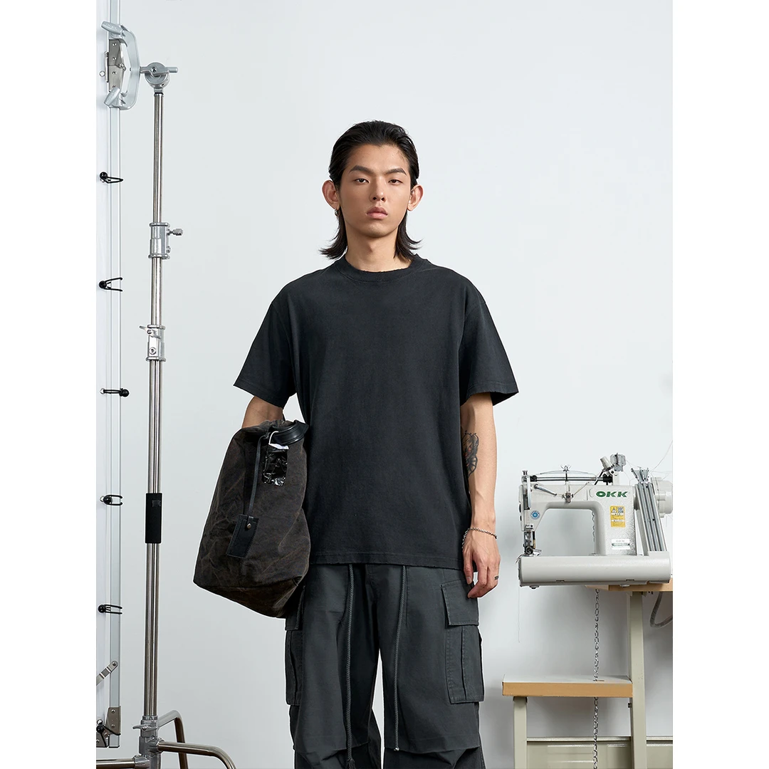 EM新款六色260g纯棉基础宽松水洗微破坏潮流时尚高级感短袖T