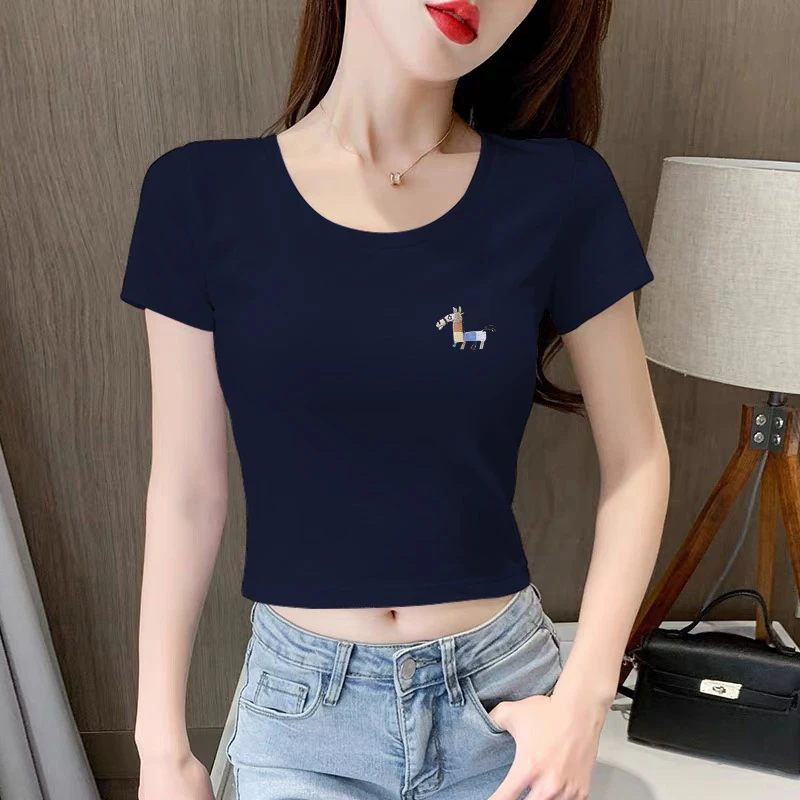 2025新款藏青色短款t恤女小个子百搭修身显瘦短款露脐上衣夏季潮