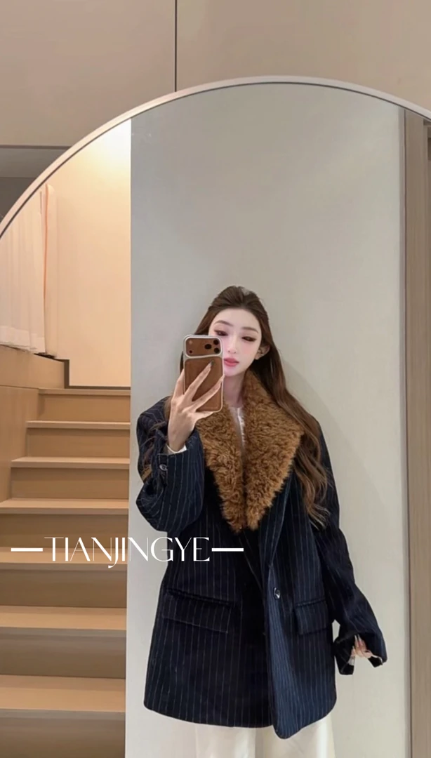 JINGYE/25~上新气质秋冬条纹西装拼毛领外套