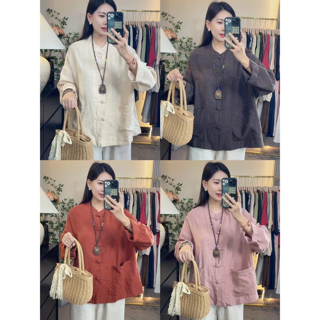 花汐语【素典】秋新款高品质亚麻中式盘扣外套女上衣