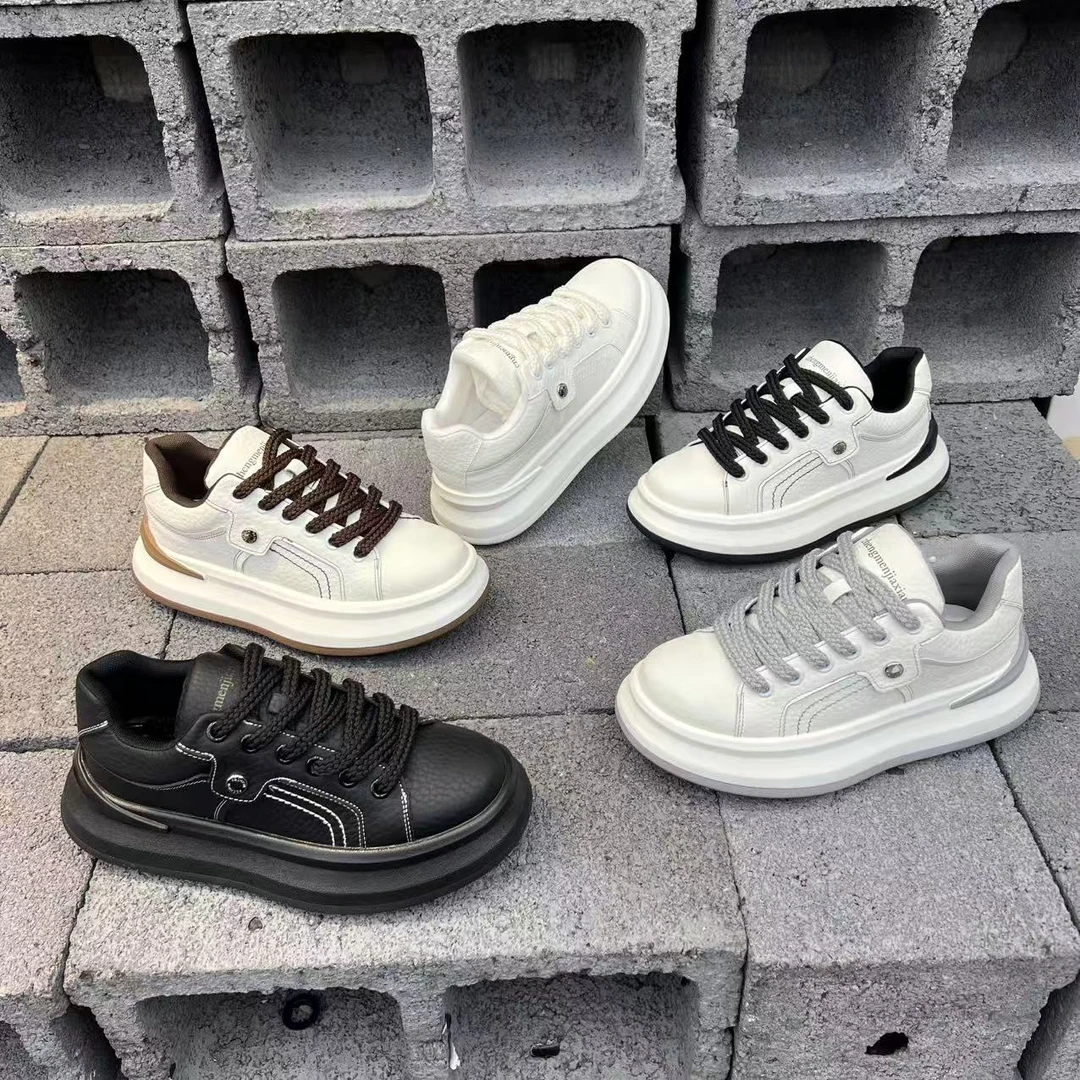 2025秋季新款欧洲站韩版厚底增高休闲皮面男士低帮小众潮牌面包鞋