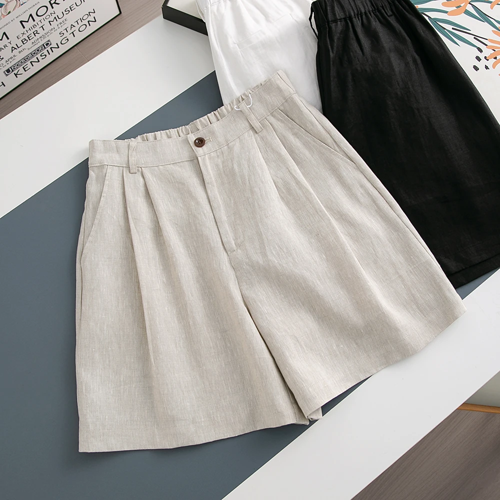 日系松弛感老钱风亚麻阔腿裤女夏季慵懒舒适透气宽松显瘦复古短裤