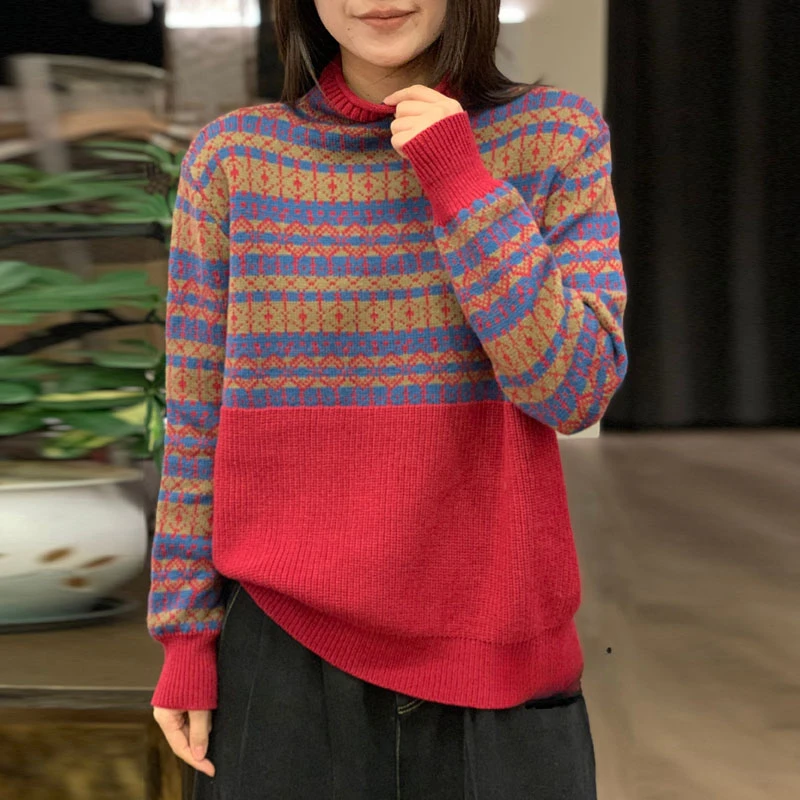 2025新款纯棉纱线电脑花机彩色提花复古减龄办高领套头针织衫百搭