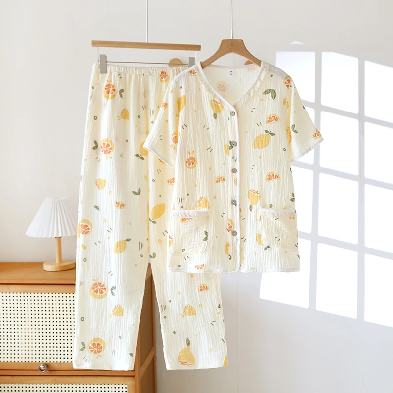 送短裤！三件套睡衣女纯棉A类双层纱布短袖夏季薄款100%全棉家居服