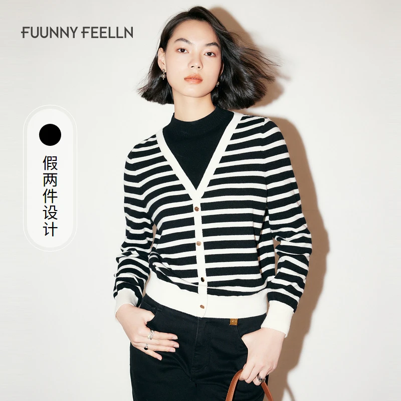 女条纹套头内搭毛衣假两件圆领撞色黑白长袖FZ01122秋