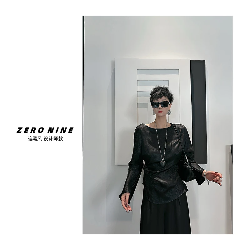 Dan Dan 黑色极简风高级肌理感褶皱衬衫女 修身显瘦衬衣