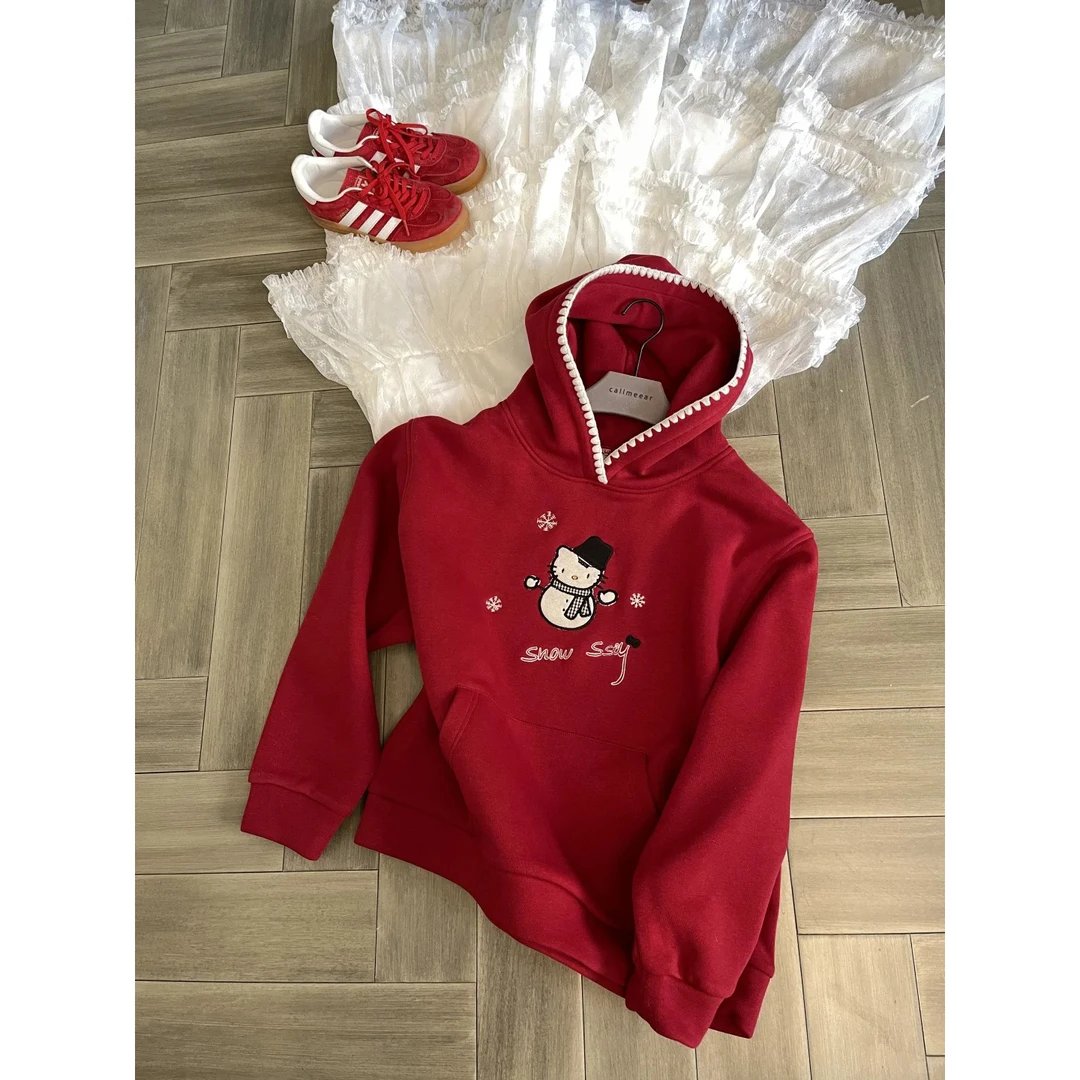 CKKOR春秋新款加绒加厚保暖刺绣连帽卫衣女可爱雪人休闲宽松棉服