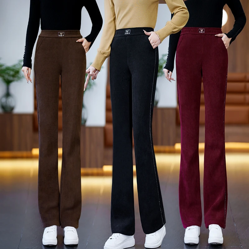 新款加绒加厚微喇裤保暖时尚显瘦百搭窄版直筒休闲女裤喇叭裤