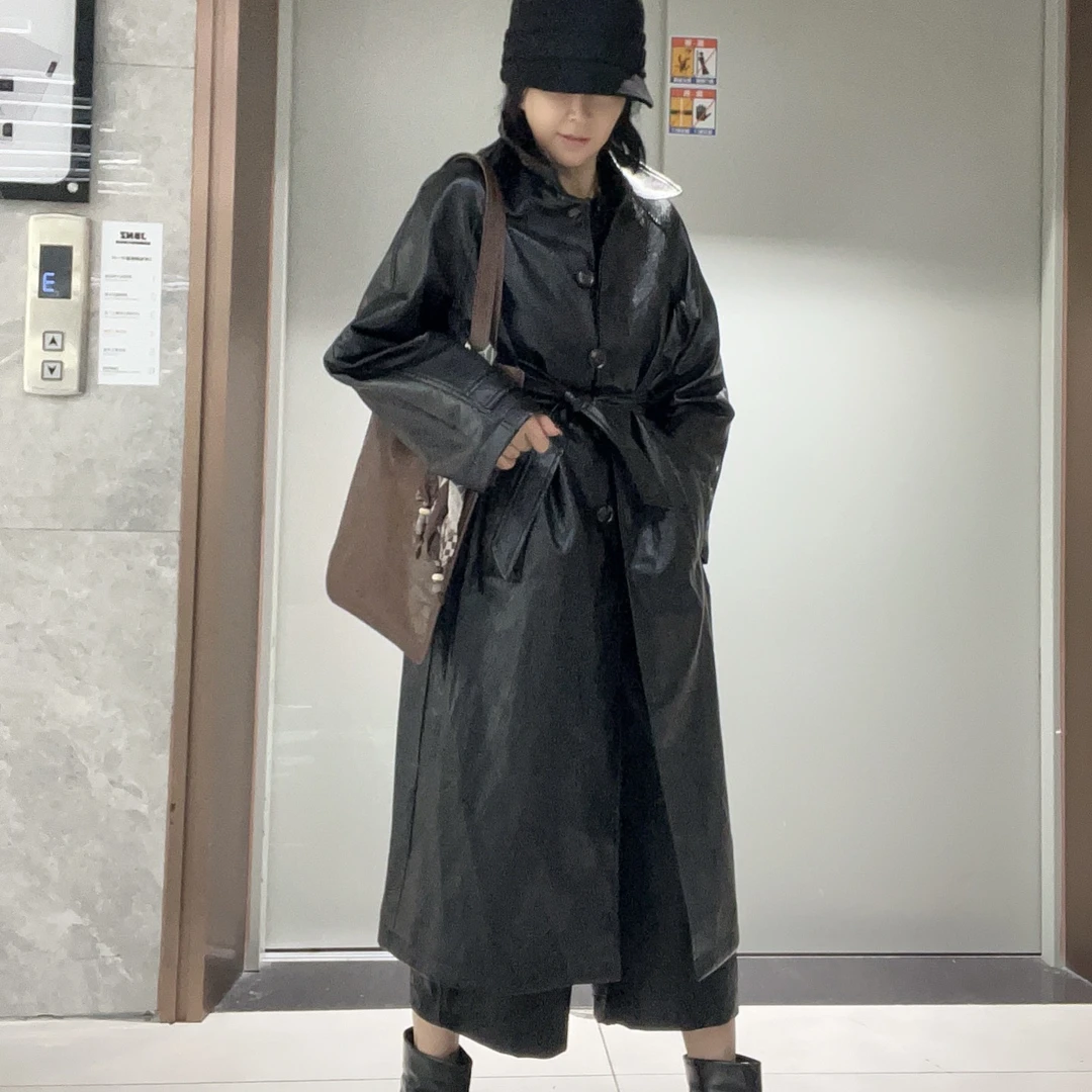 2025秋冬宽松型皮衣百搭长款薄款黑色宽松御姐风皮衣秋季