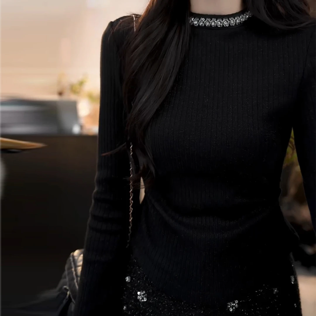 【晚舟暮雨】秋冬新款时尚气质百搭黑色长袖针织衫女LK2501038