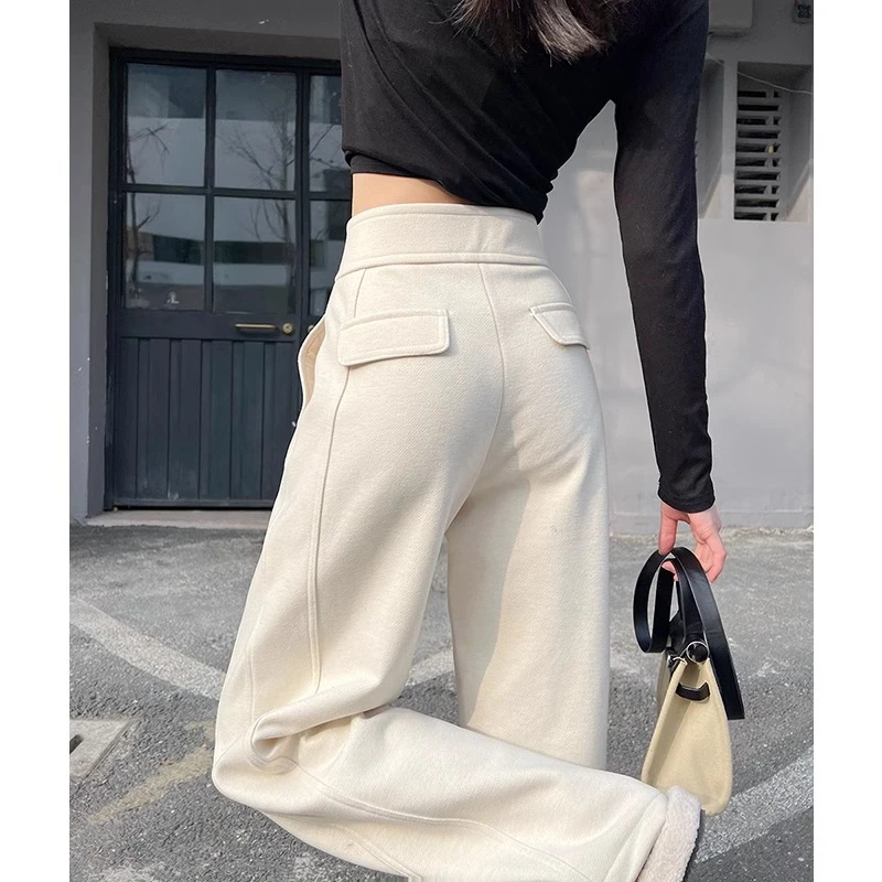 米白色阔腿裤女秋冬新款高腰垂感加绒加厚直筒显瘦高级感休闲裤子