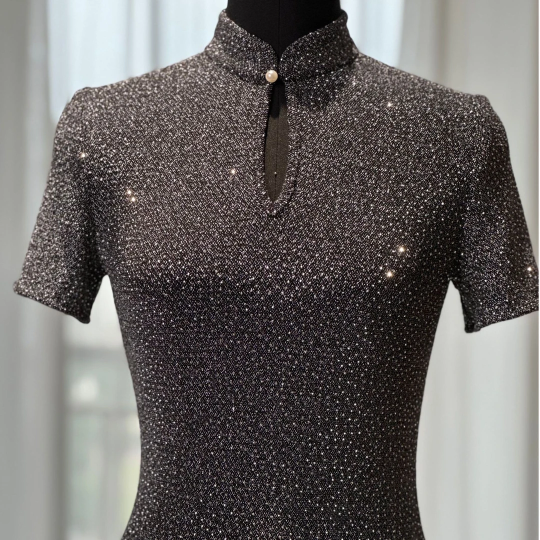 【蜀晰原创】改良闪钻针织弹力旗袍修身立领时尚气质