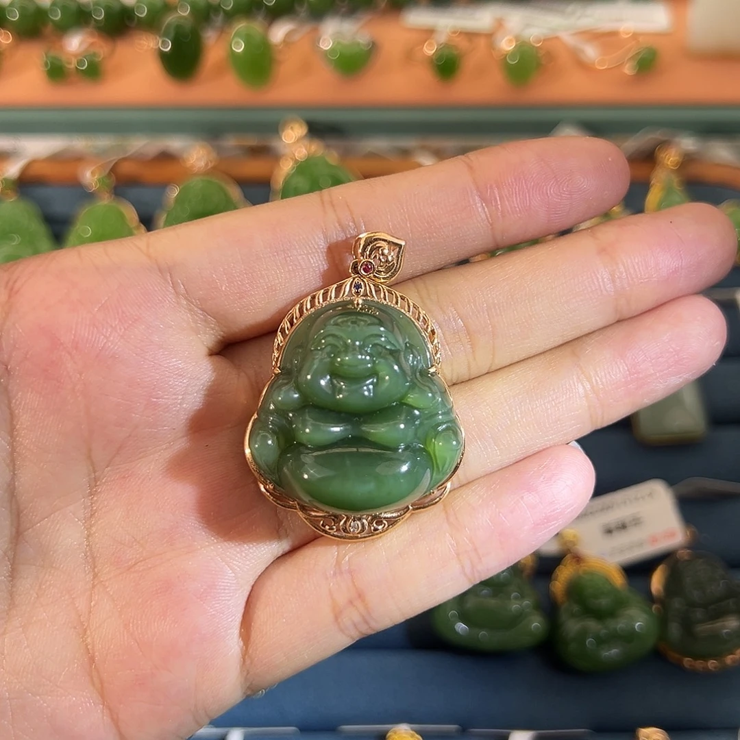 和田玉（碧玉）18K金镶嵌吊坠(不含链)佛公28mm
