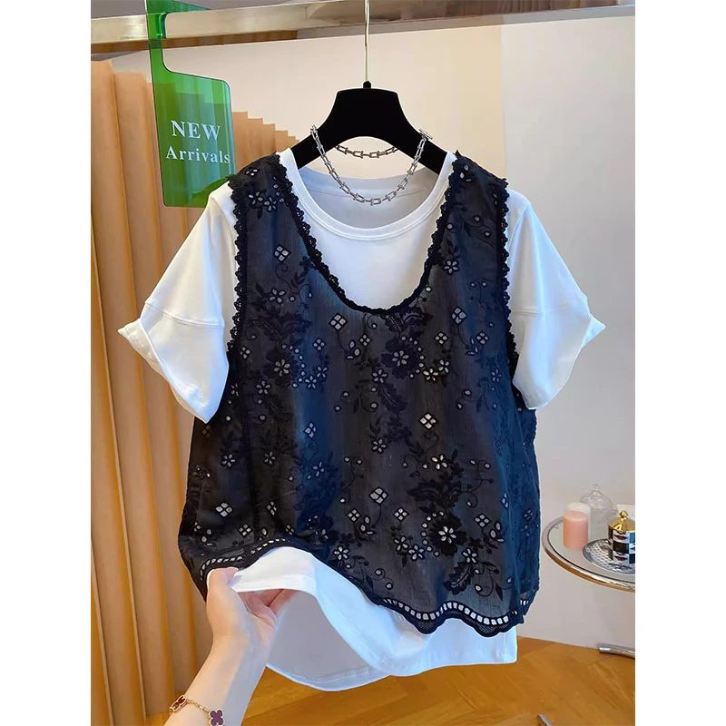 大码300斤设计感小众刺绣镂空马甲短袖t恤两件套男士夏季叠穿上衣