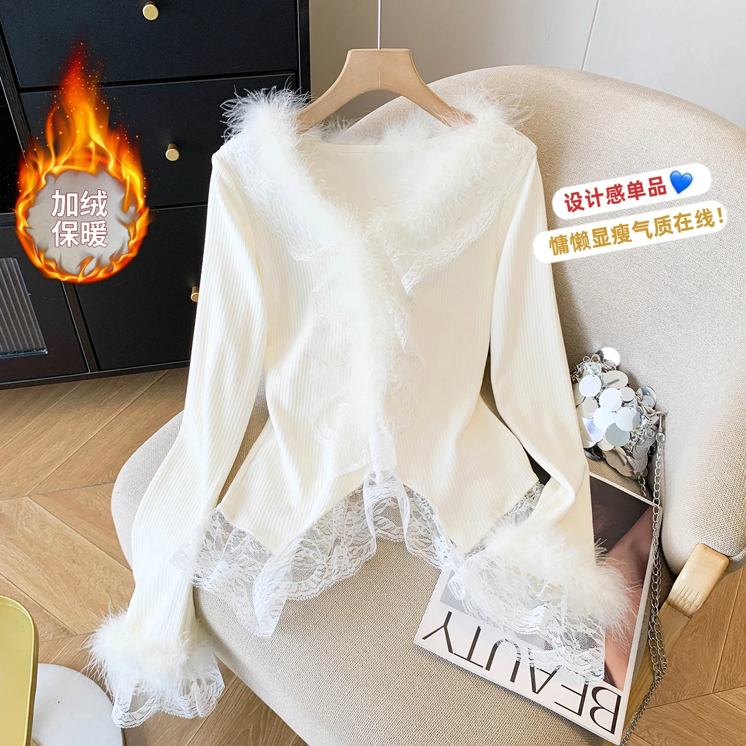 纯欲风高级设计感气质长袖针织衫女秋冬毛绒蕾丝拼接毛衣修身上衣