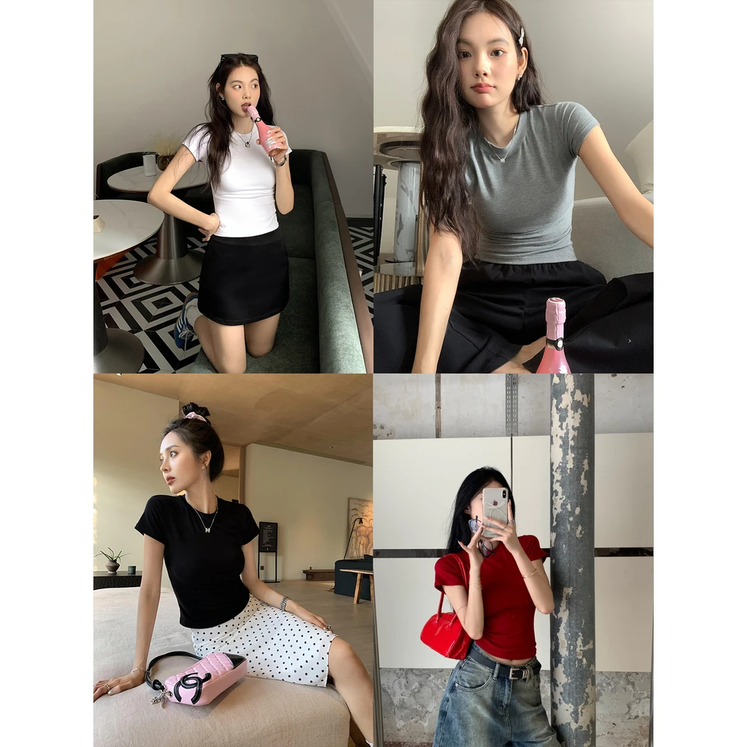 2025夏季女正肩短袖圆领T恤新款修身显瘦纯色韩版百搭时尚简约t恤