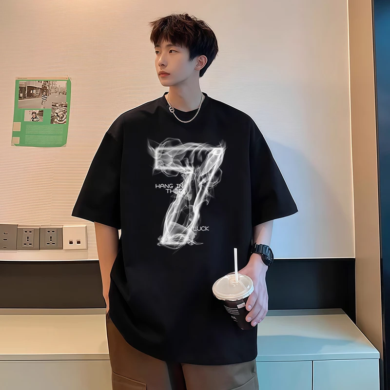 美式宽松T恤男青少年圆领休闲数字潮流印花简约百搭韩版半袖上衣