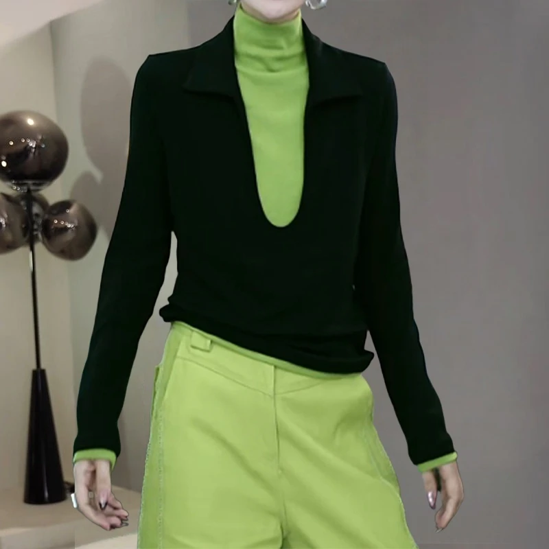 韩系高级感拼接假两件高领T恤女秋季新款舒适显瘦百搭撞色上衣