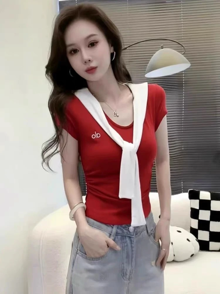 欧货V领飘带设计感短袖T恤女2025夏季新款修身显瘦百搭洋气上衣潮