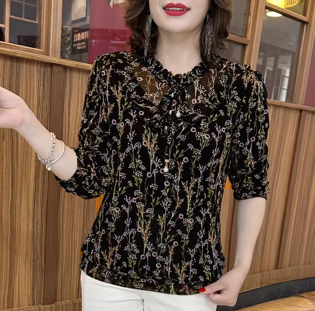 薄款/加绒秋冬碎花网纱打底衫长袖大码显瘦遮肚洋气减龄T恤小衫