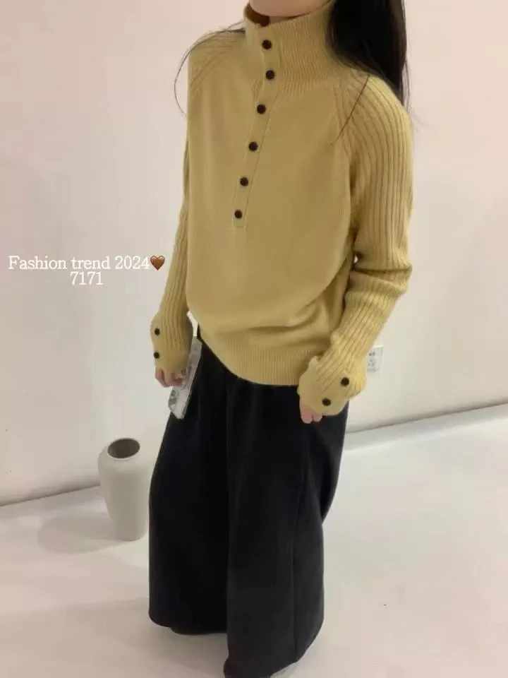 小朵家 显白茉莉黄半领坑条袖可开衫9185毛衣