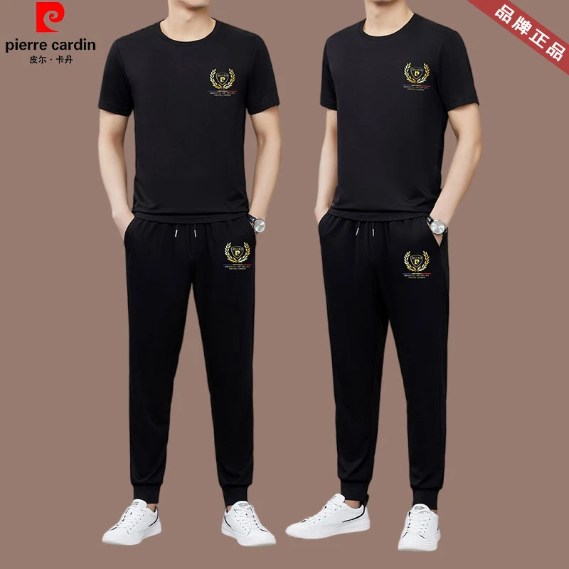 【皮尔卡丹正品】夏季男短袖休闲运动装新款冰丝圆领印花男士两件套