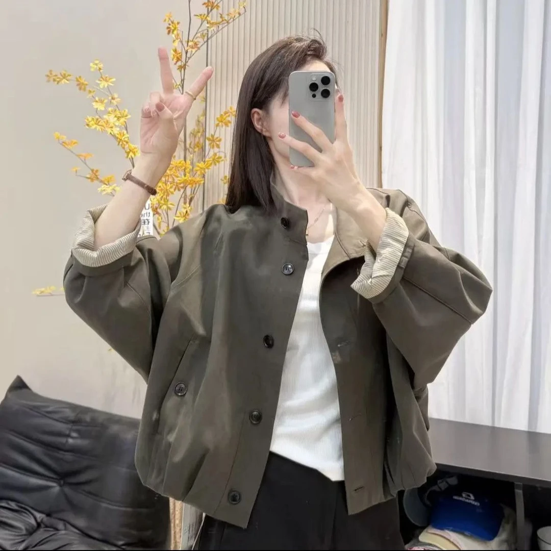 英伦风2025立领夹克外套新款内里宽松条纹休闲风衣上衣