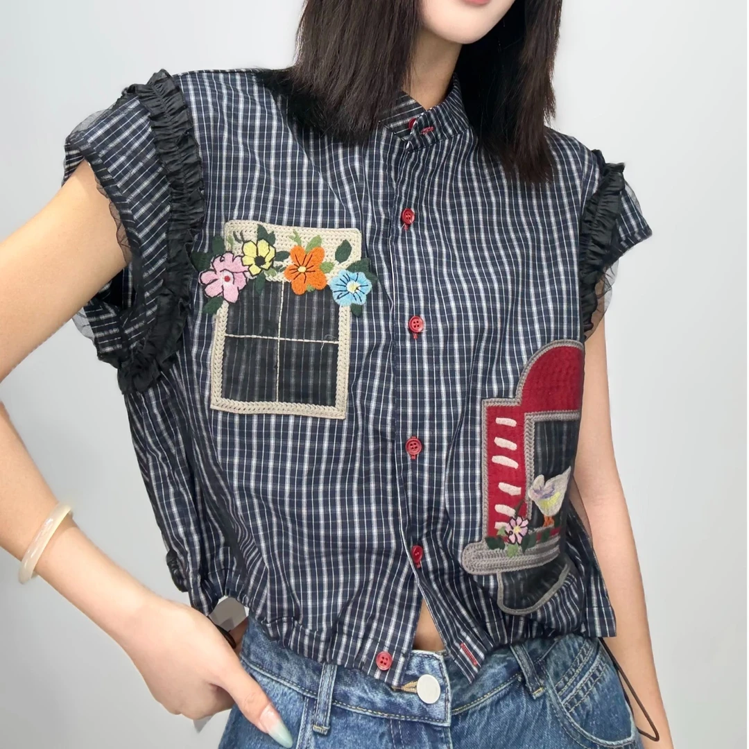 10046#复古条纹格子短袖衬衫夏季贴布刺绣小飞袖蕾丝袖衬衫上衣