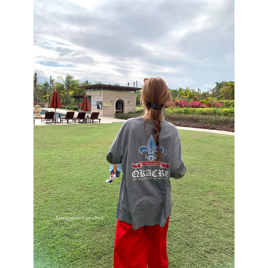 香菜不加辣XIANGCAI 3/5 20点 灰色原创美式印花长袖T恤