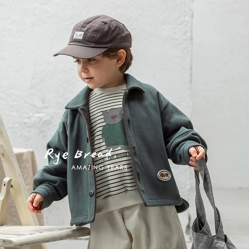 ryebread/黑面包童装 韩系撞色小翻领男小童开衫加绒外套4春秋