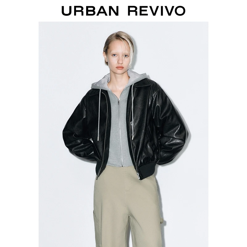 【*】UR2025冬季新款女装休闲潮酷拼接连帽PU棉服外套UYV150098