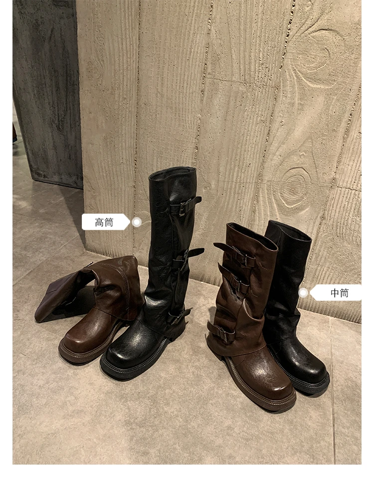 厚底长筒裤管靴子女2025年早秋冬季新款褶皱皮带扣暗黑长靴骑士靴